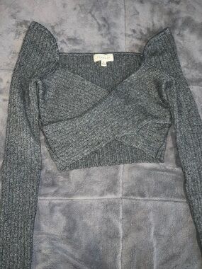 Promesa Gray Ribbed Wrap Cropped Sweater
